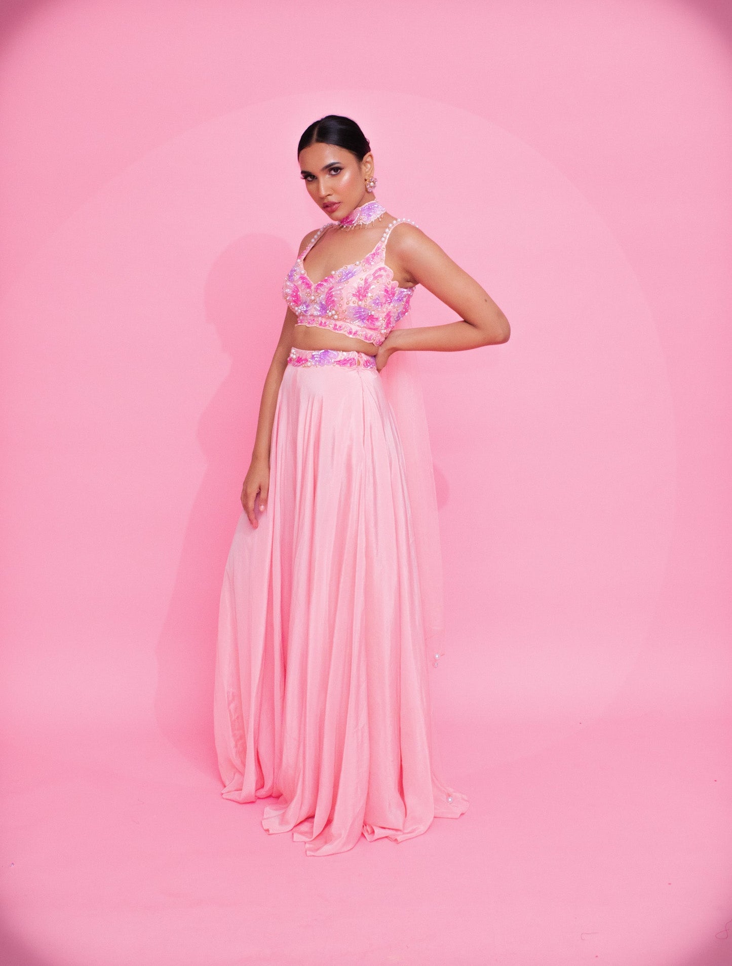 Krystle Dsousa X Anshika Tak Label ( Pink Pearl Perfection: Sequins Embroidery Blouse Palazzo Set with Choker Dupatta)