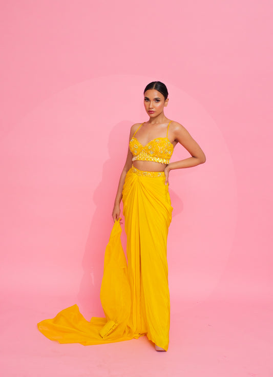 Sun-Kissed Elegance: Yellow Embroidered Blouse & Organza Cape. ☀️