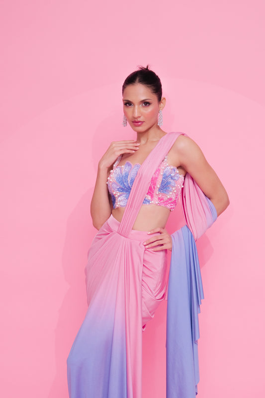 Ethereal Ombre Bliss: Blue and Pink Draped Saree with Sequin Cutwork Blouse and Pearl Embroidery