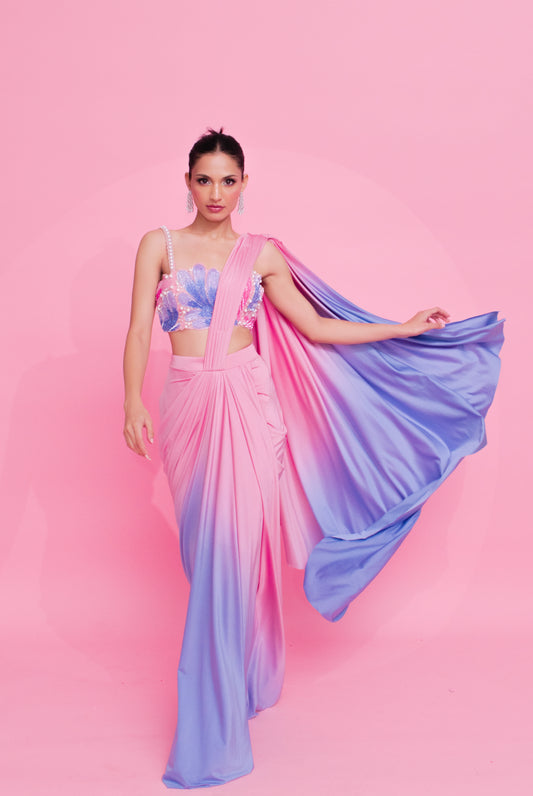 Ethereal Ombre Bliss: Blue and Pink Draped Saree with Sequin Cutwork Blouse and Pearl Embroidery