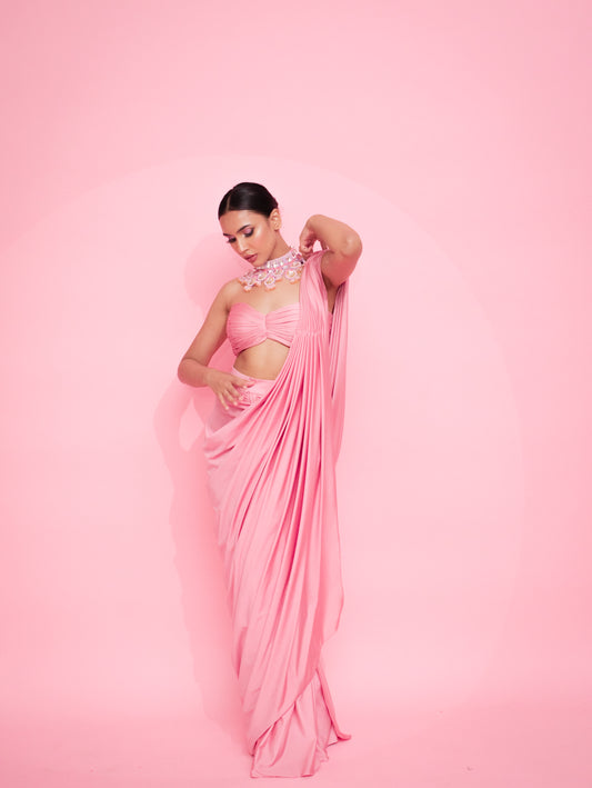 Ruched Tube Blouse and Draped Saree Ensemble with Choker Neckpiece