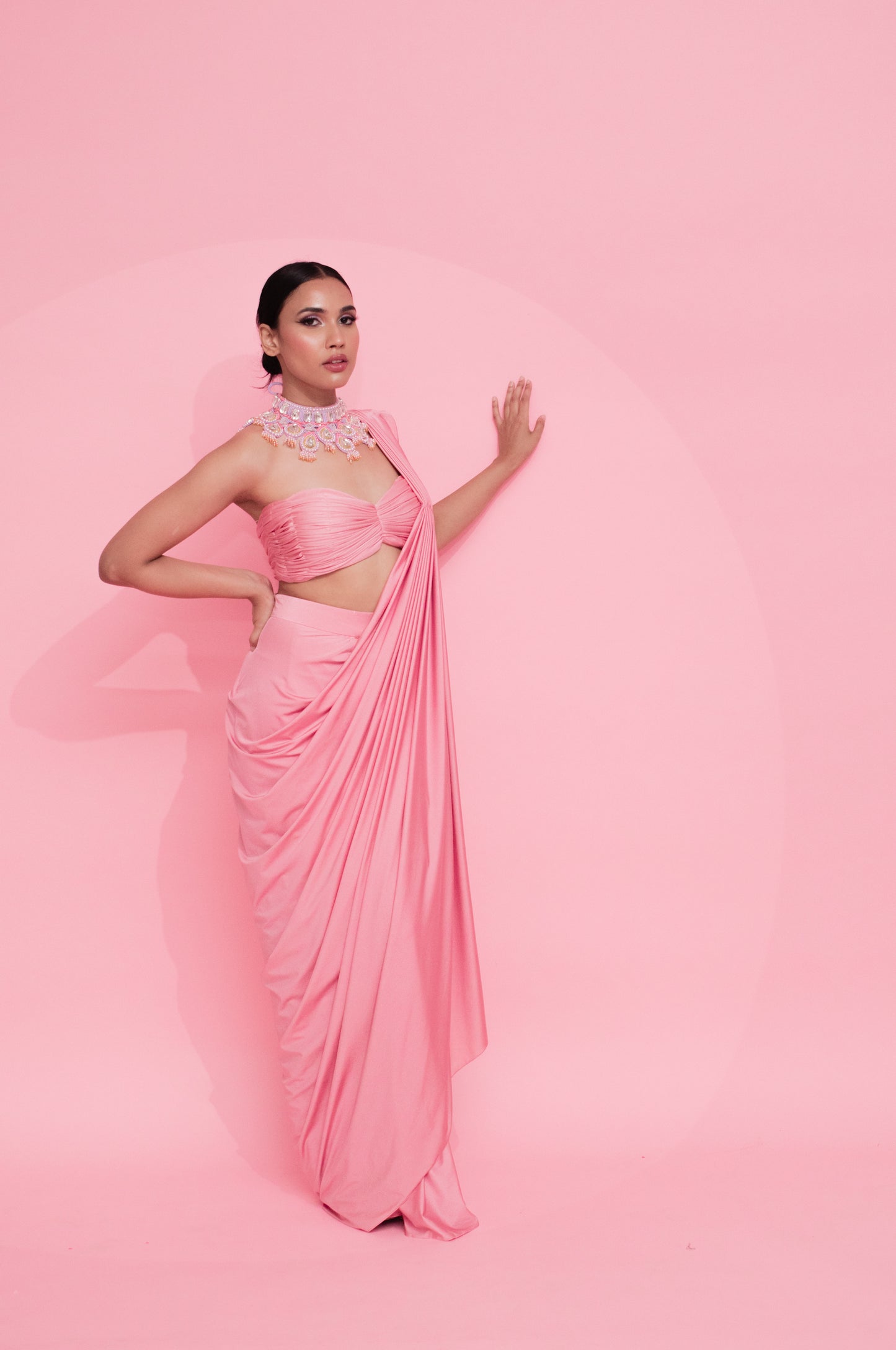 Ruched Tube Blouse and Draped Saree Ensemble with Choker Neckpiece