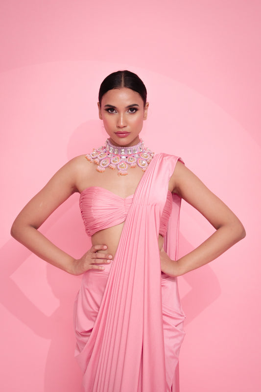 Ruched Tube Blouse and Draped Saree Ensemble with Choker Neckpiece
