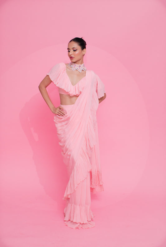 Whimsical Blush: Baby Pink Ruffle Saree, Blouse, and Embroidered Choker
