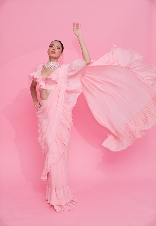 Whimsical Blush: Baby Pink Ruffle Saree, Blouse, and Embroidered Choker