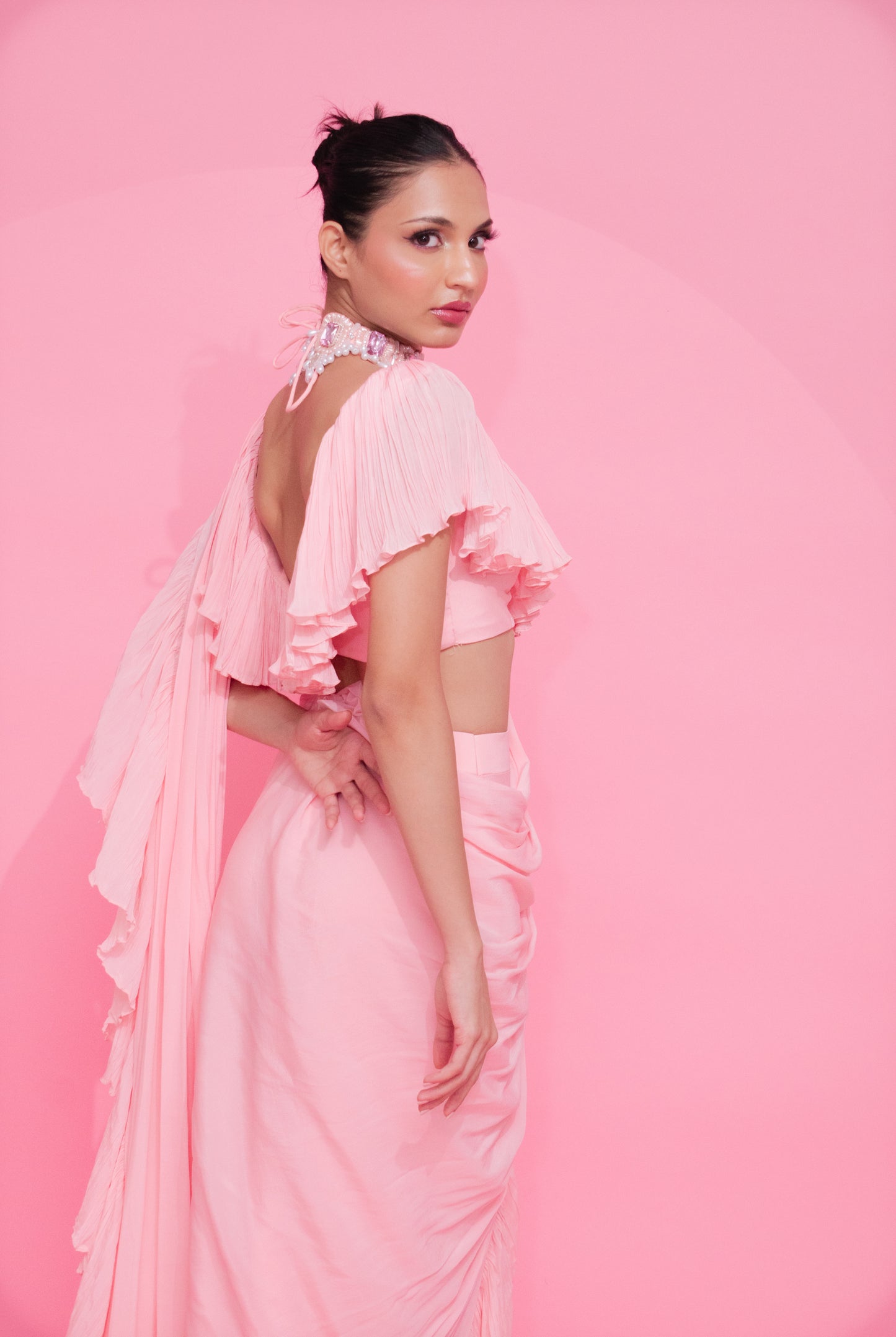 Whimsical Blush: Baby Pink Ruffle Saree, Blouse, and Embroidered Choker