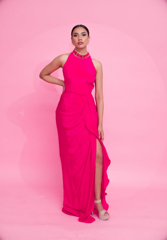 Blush Beauty: Pink Choker Dress and Graceful Drape
