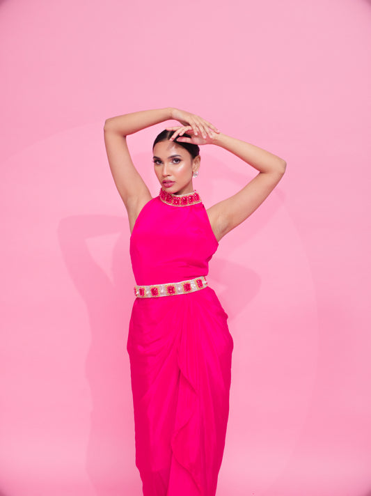 Blush Beauty: Pink Choker Dress and Graceful Drape