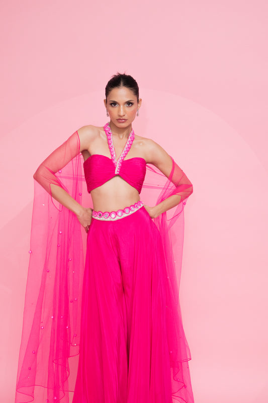 Mirror Magic: Pink Ruched Halter Neck Blouse