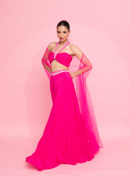 Mirror Magic: Pink Ruched Halter Neck Blouse