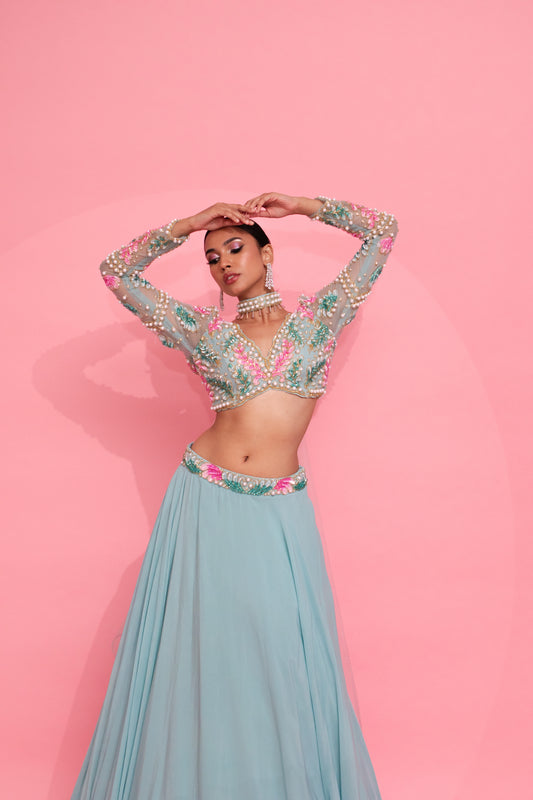 Blue Blossom Brilliance: Embroidered Blouse, Belted Lehenga, and Net Dupatta