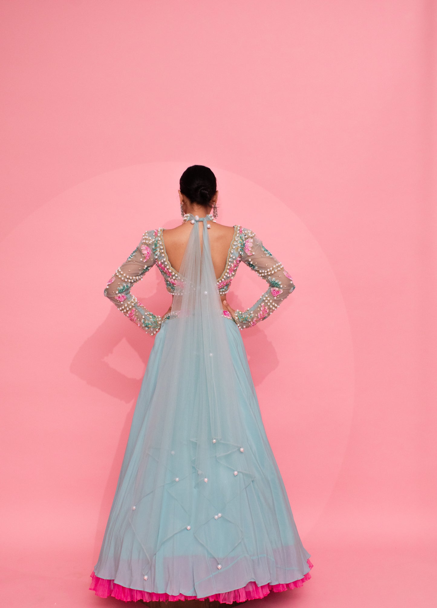 Blue Blossom Brilliance: Embroidered Blouse, Belted Lehenga, and Net Dupatta