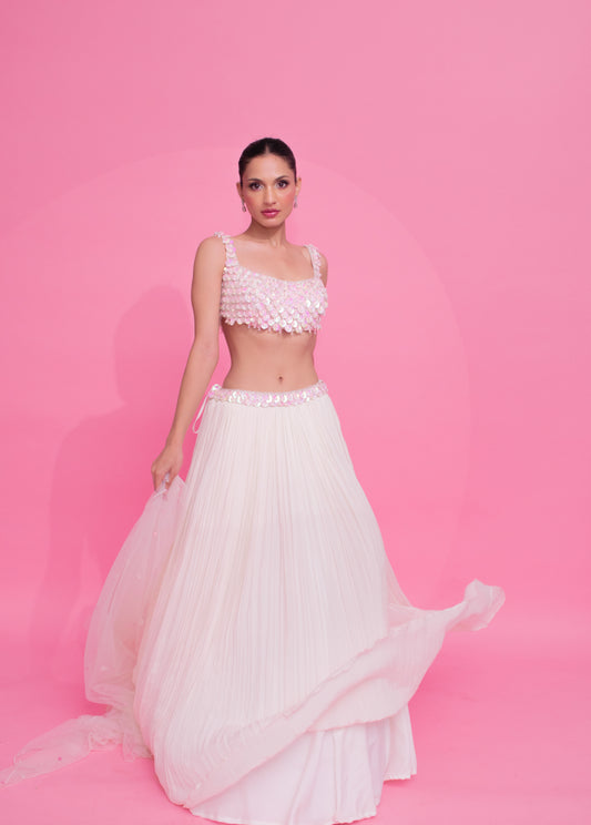 Ivory Sequin Bliss: Ruched Lengha with Tassel Accents