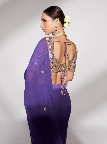 Midnight Bloom: Purple Embroidered Saree with Sequins and Statement Blouse