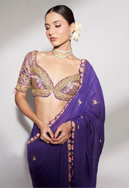 Midnight Bloom: Purple Embroidered Saree with Sequins and Statement Blouse