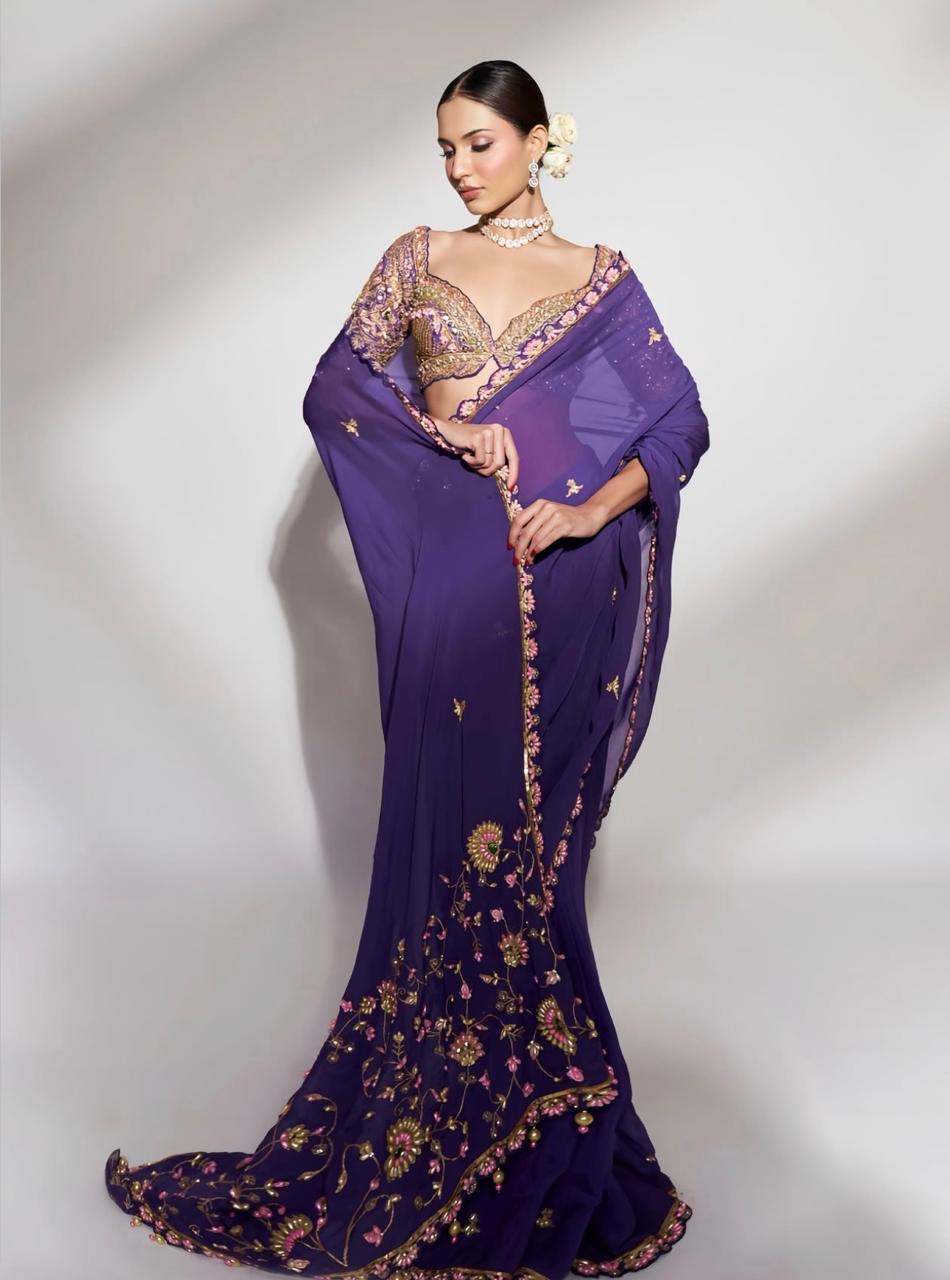 Midnight Bloom: Purple Embroidered Saree with Sequins and Statement Blouse
