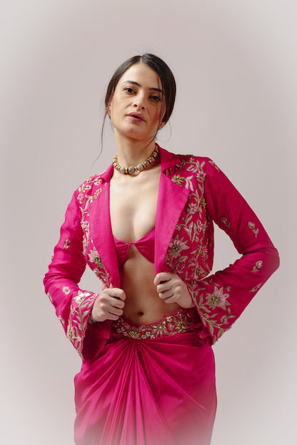 Fuchsia Dream: Skirt Set with Bustier Blouse and Embroidered Jacket