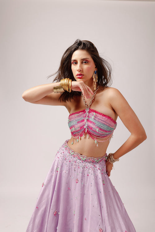 Lavender Dream: Lehenga Ensemble with Colorful Beaded Blouse