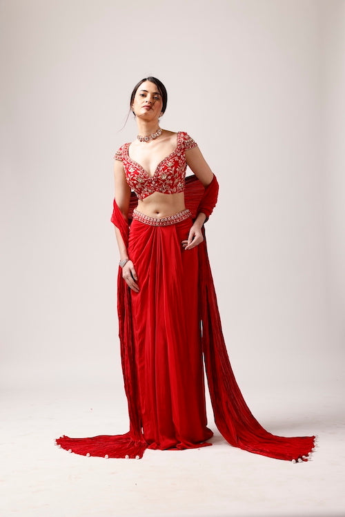 Enchanting Scarlet Ensemble: Draped Skirt and Embellished Tassar Silk Blouse