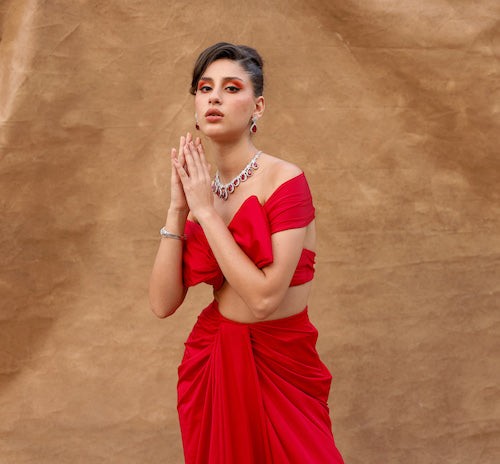 Scarlet Summer Charm: Solid Red Skirt Set with Off Shoulder Blouse