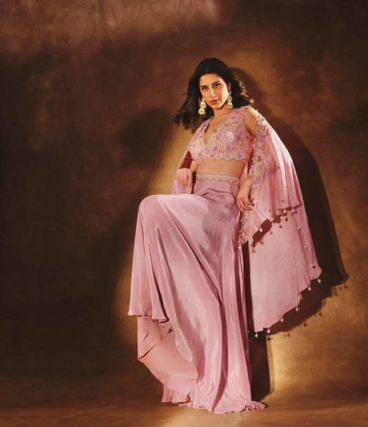 Ethereal Elegance: Mauve Pant Set with Embroidered Jacket