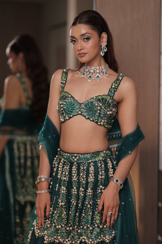 Teal Petals and Pearls: Embroidered Lehenga with Sequins and Cutwork
