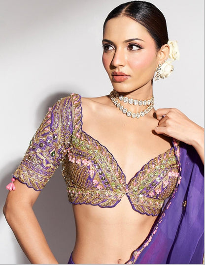 Midnight Bloom: Purple Embroidered Saree with Sequins and Statement Blouse