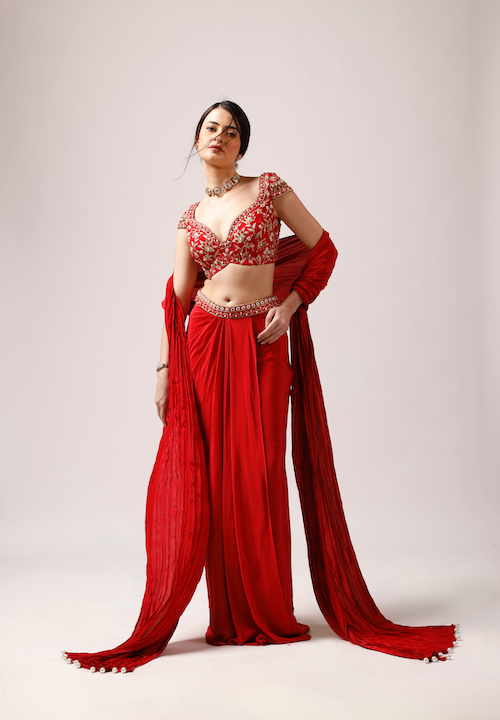 Enchanting Scarlet Ensemble: Draped Skirt and Embellished Tassar Silk Blouse