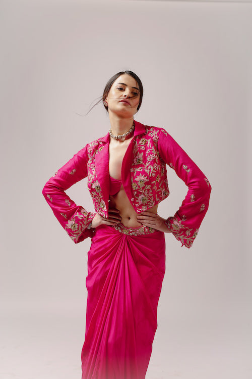 Fuchsia Dream: Skirt Set with Bustier Blouse and Embroidered Jacket