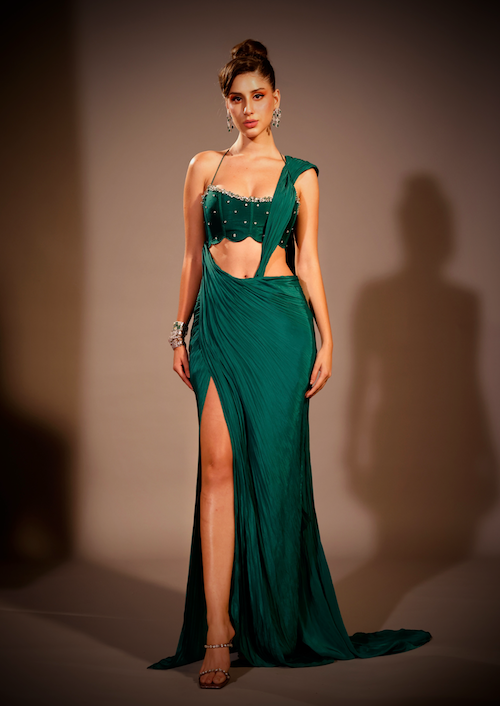 Verdant Elegance: Emerald Green Draped Saree with String Sleeve Blouse and Stone Embroidery