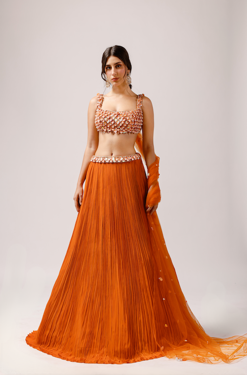 Coral Sequin Dream: Ruched Lengha with Tassel Accents