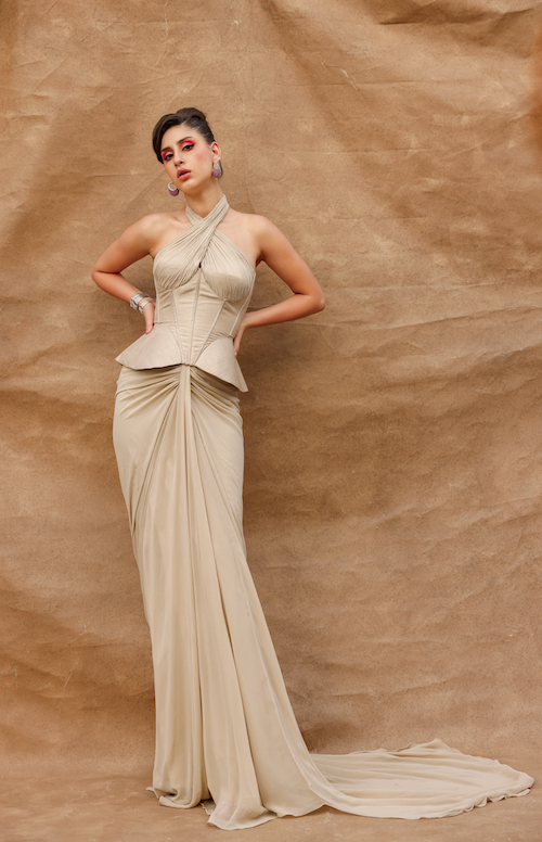 Golden Sands Glow: Beige Skirt Set with Corset Blouse and Halter Neck Sleeve