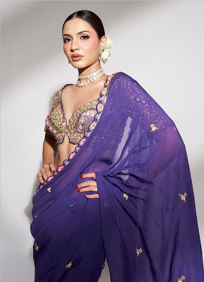 Midnight Bloom: Purple Embroidered Saree with Sequins and Statement Blouse