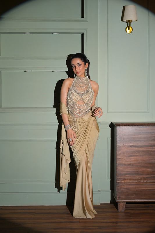 Celestial Charm :Elegant Beige Saree Gown with Embellished Blouse