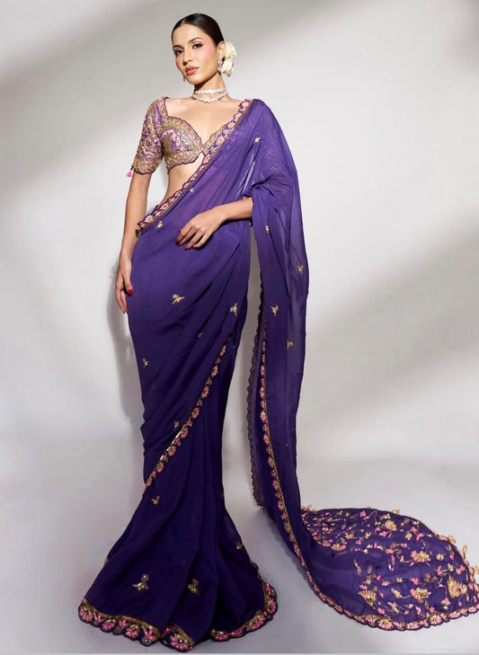 Midnight Bloom: Purple Embroidered Saree with Sequins and Statement Blouse