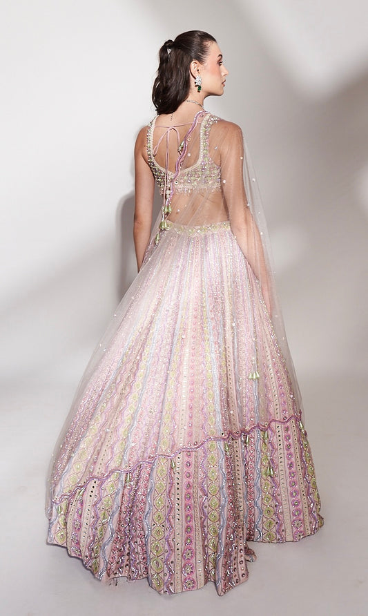 Pastel Symphony: Multi-Hued Embroidered Lehenga with Sequins and Mirror Accents