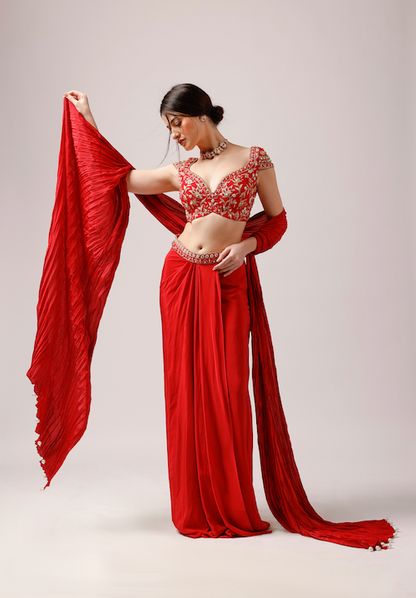 Enchanting Scarlet Ensemble: Draped Skirt and Embellished Tassar Silk Blouse