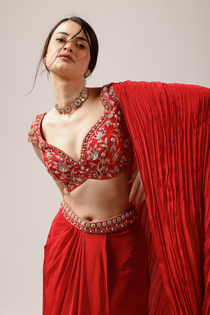 Enchanting Scarlet Ensemble: Draped Skirt and Embellished Tassar Silk Blouse