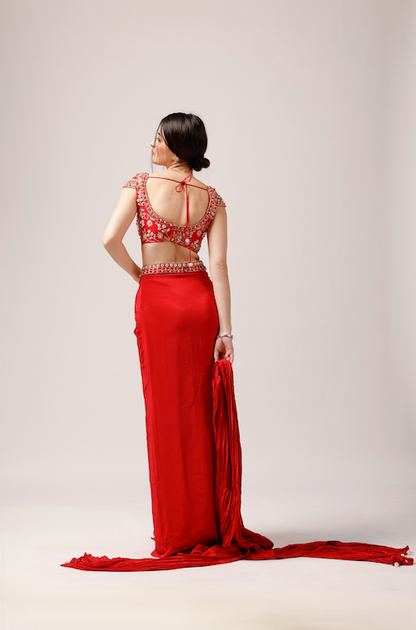 Enchanting Scarlet Ensemble: Draped Skirt and Embellished Tassar Silk Blouse