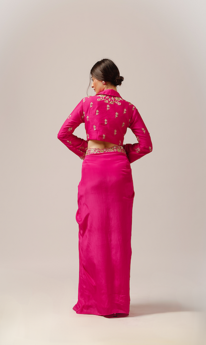 Fuchsia Dream: Skirt Set with Bustier Blouse and Embroidered Jacket