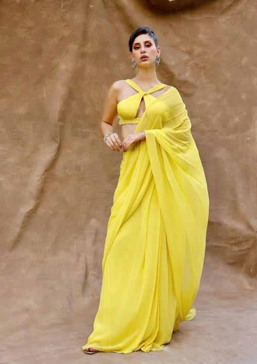 Golden Sunshine: Solid Yellow Saree with Strap Sleeve Blouse