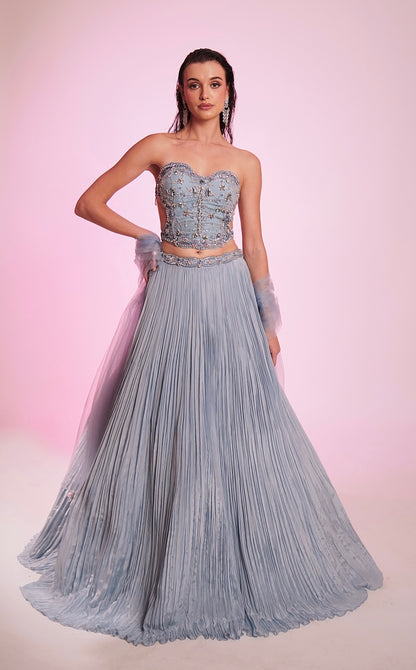 Serenity blue embellished corset blouse with pleated flared skirt