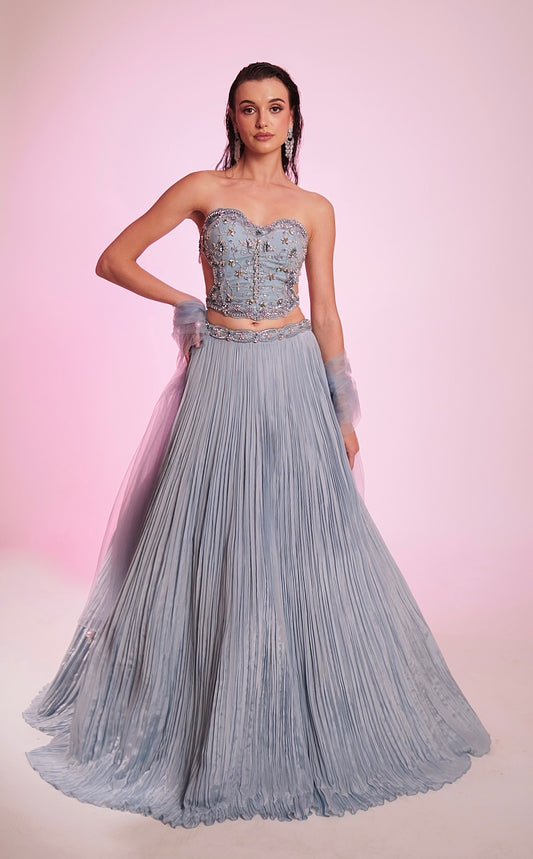 Serenity blue embellished corset blouse with pleated flared skirt
