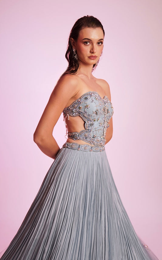 Serenity blue embellished corset blouse with pleated flared skirt