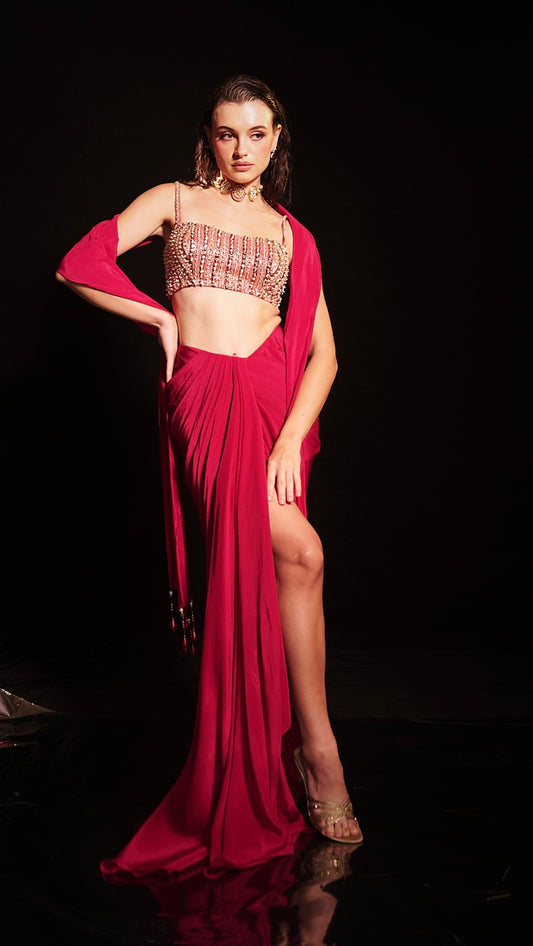 Red draped skirt with embellished strappy blouse