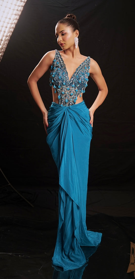 Teal Blue Draped Gown with Mirror & Bead Embellished Blouse