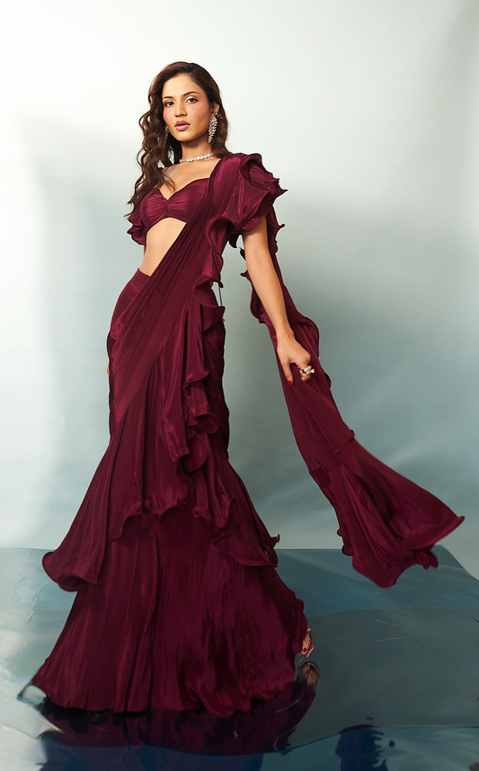 Wine Ruffle Saree with Statement Sleeves