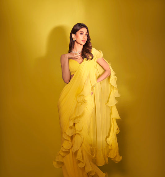 Paloma Dhillon X Anshika Tak Label (Ruffle Sunshine: Yellow Saree, Strap Blouse, and Embroidered Cape )