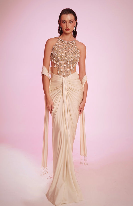 Ivory Draped Saree Gown with Hand-Embellished Halter Blouse