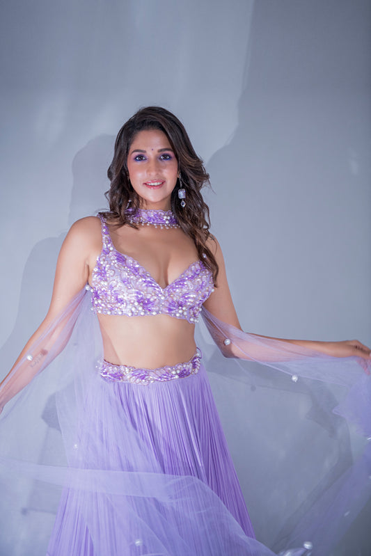 Harleen Sethi X Anshika Tak Label ( Lavender Dreamscape - ensemble that embodies glamour & finesse)